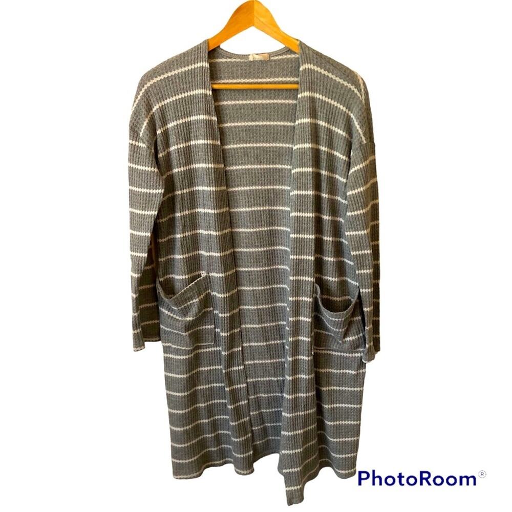 Bibi Striped Cardigan Sweater Long Waffleknit Open Pockets Gray Oversized Cozy
